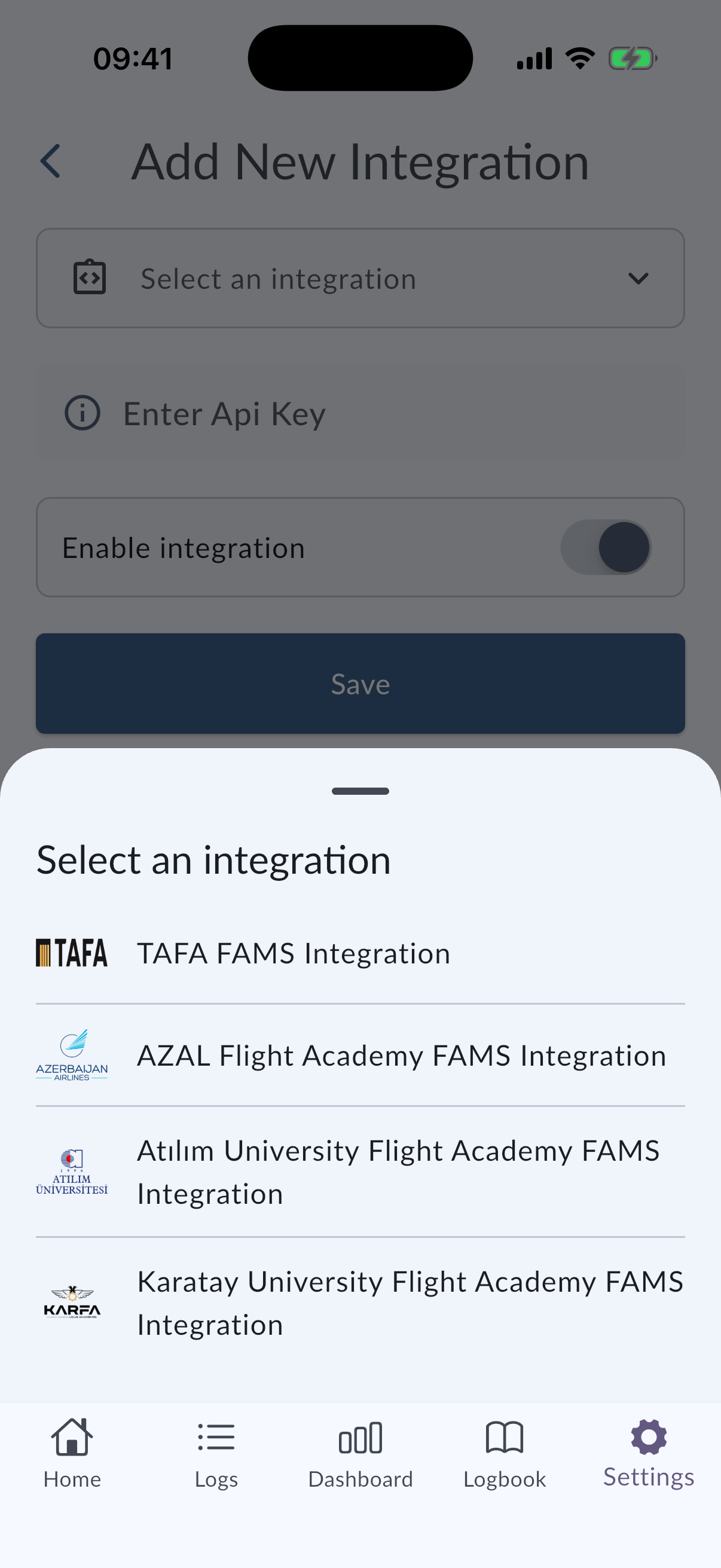 Add Integration screen