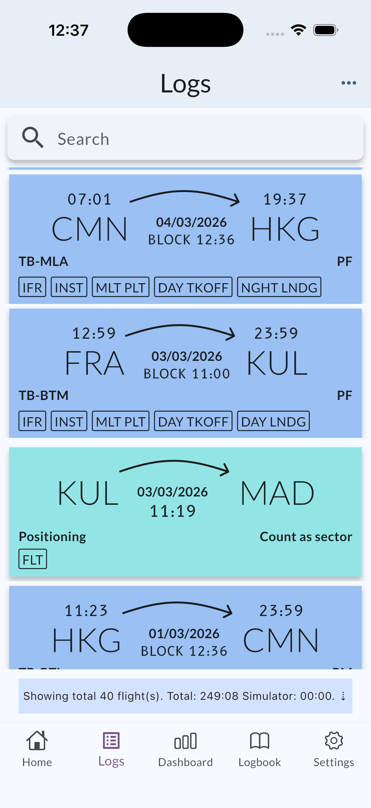 Logs list with a positioning duty row among flight entries