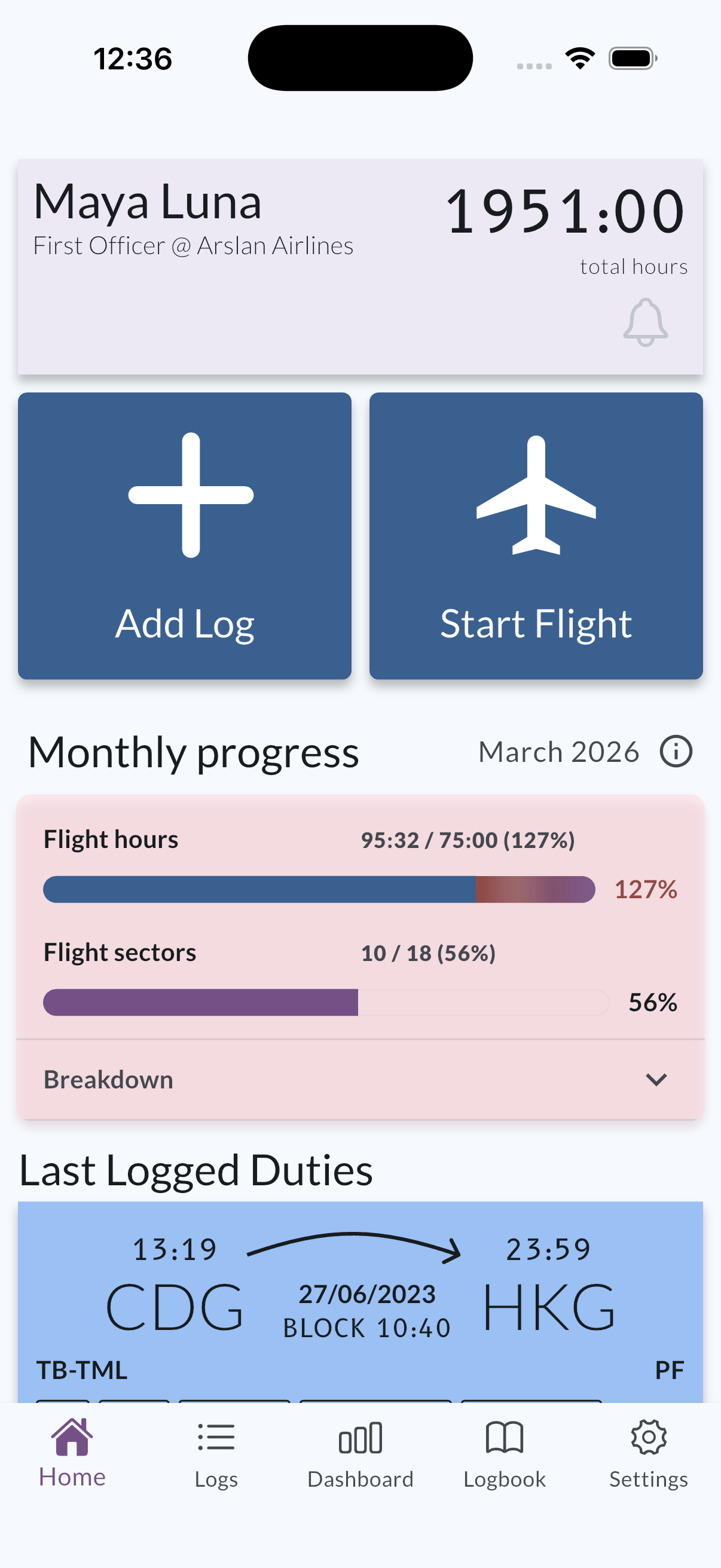 MyLog Home screen showing monthly flight hours and sector progress