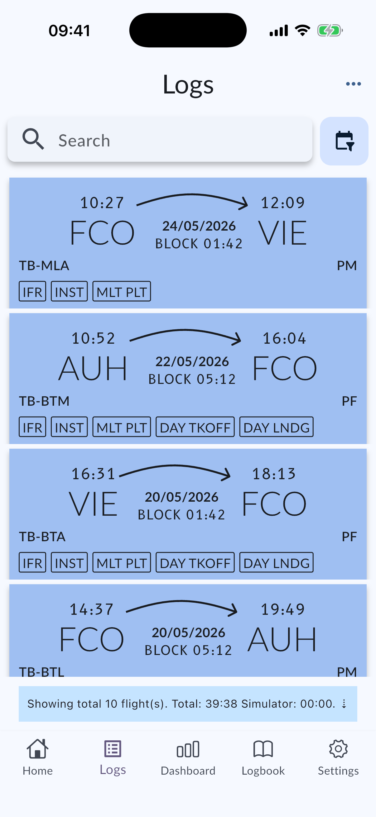Logs screen with filter button