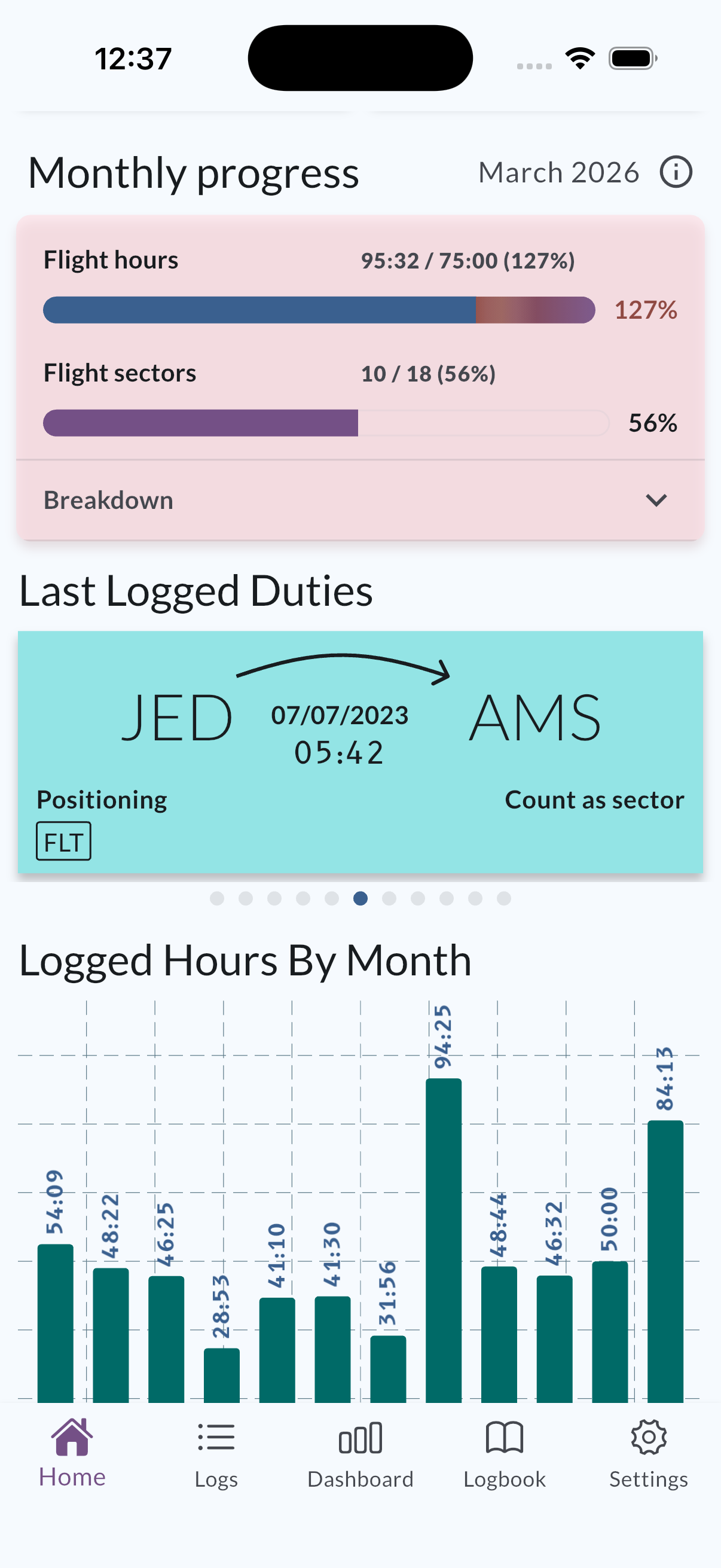 MyLog home duties card for a positioning flight between two airports