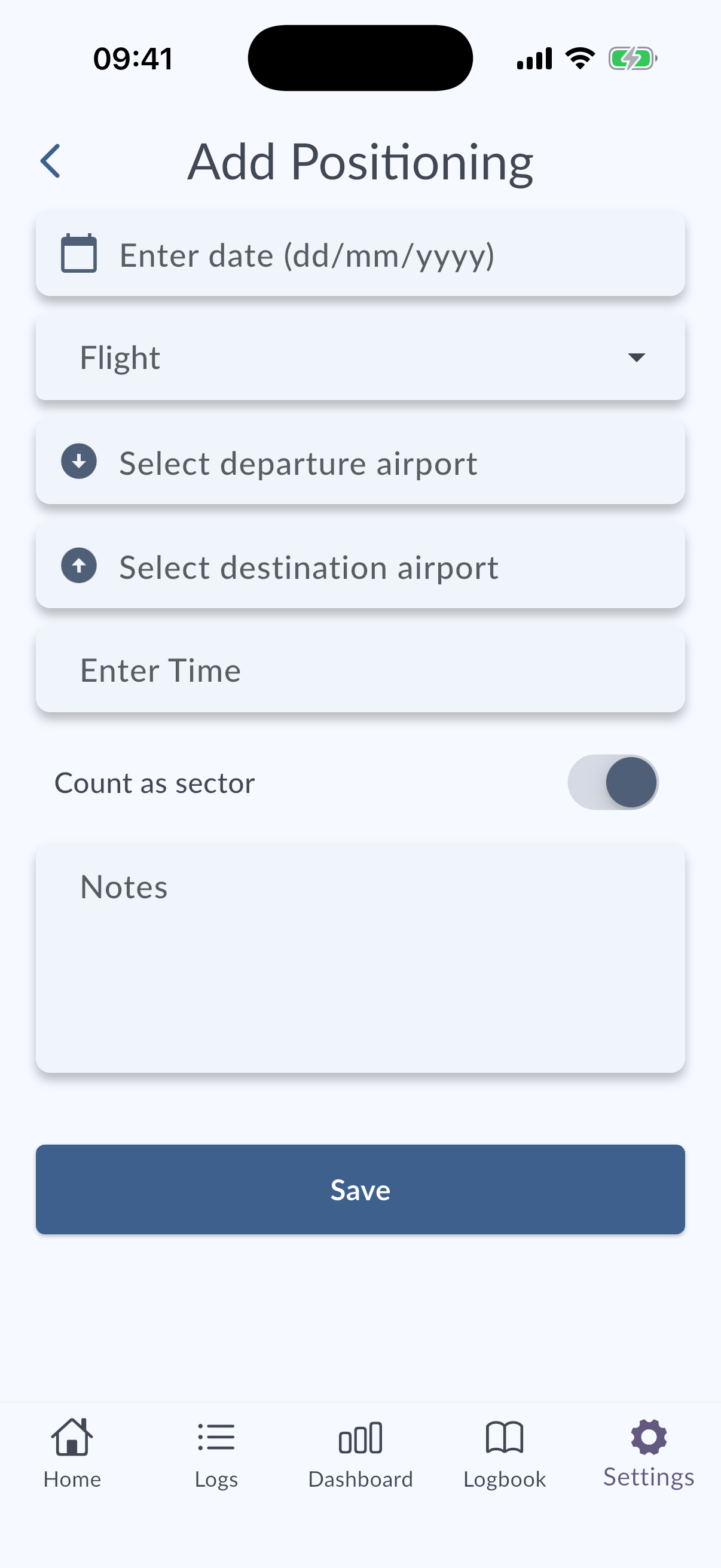 Positioning log entry screen