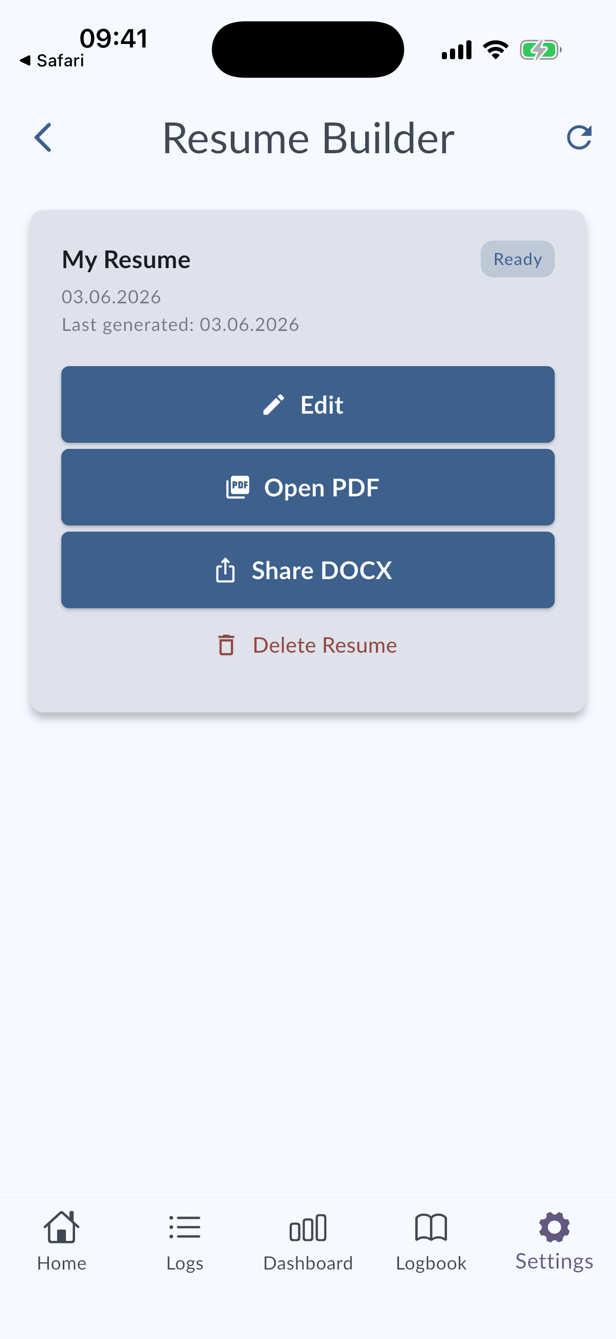 Resume Builder start screen